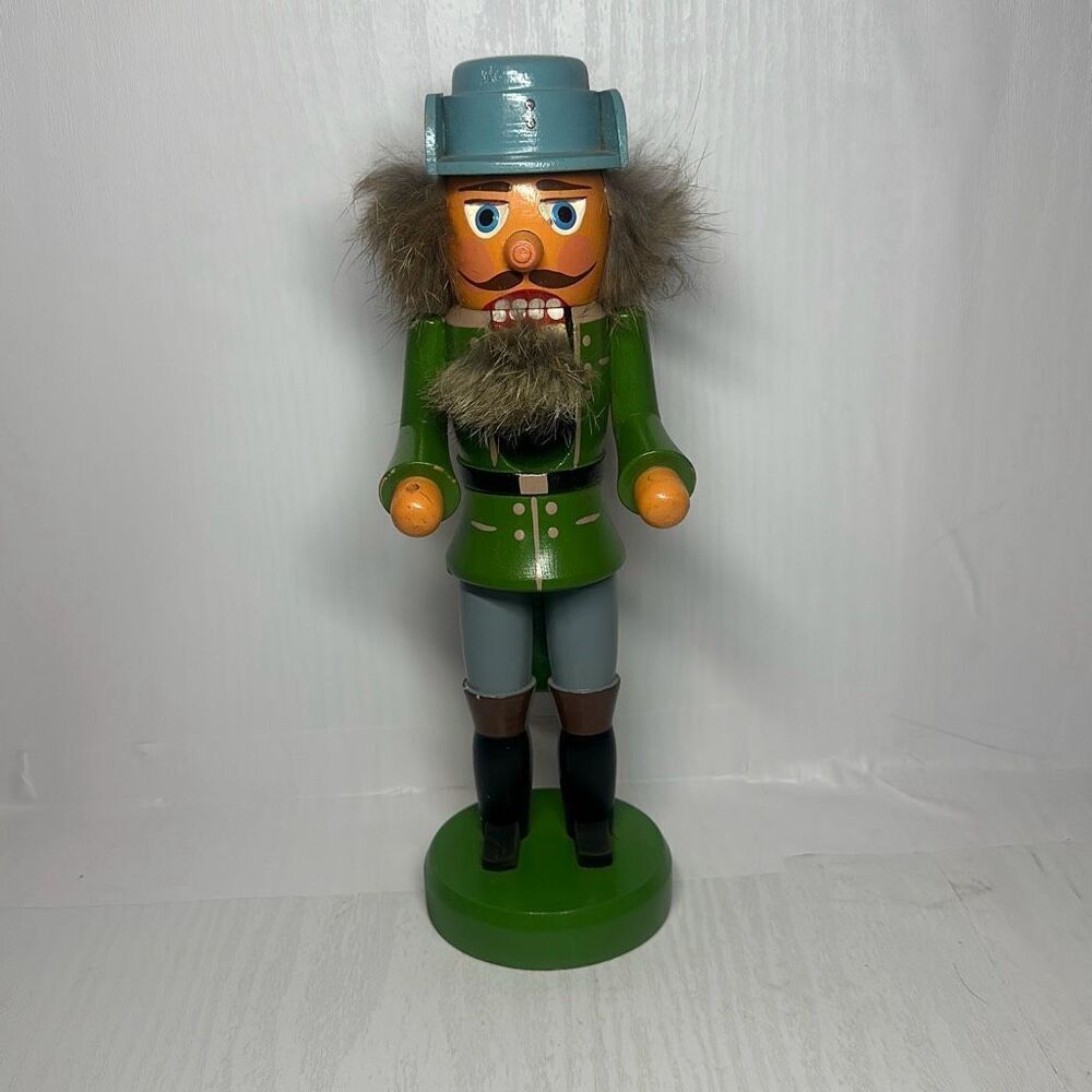Vintage Nutcracker Soldier Green Christmas‎ Fur Hair 10”